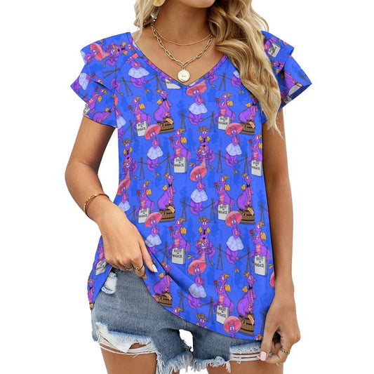 Haunted Mansion Figment Women's Ruffle Sleeve V-Neck T-Shirt