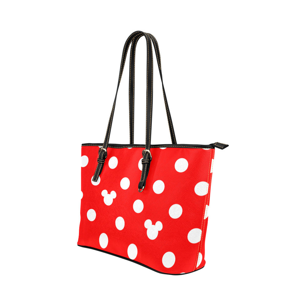 Red With White Mickey Polka Dots Leather Tote Bag