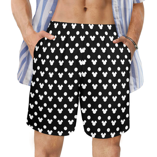 Black With White Mickey Polka Dots Men's Swim Trunks Swimsuit