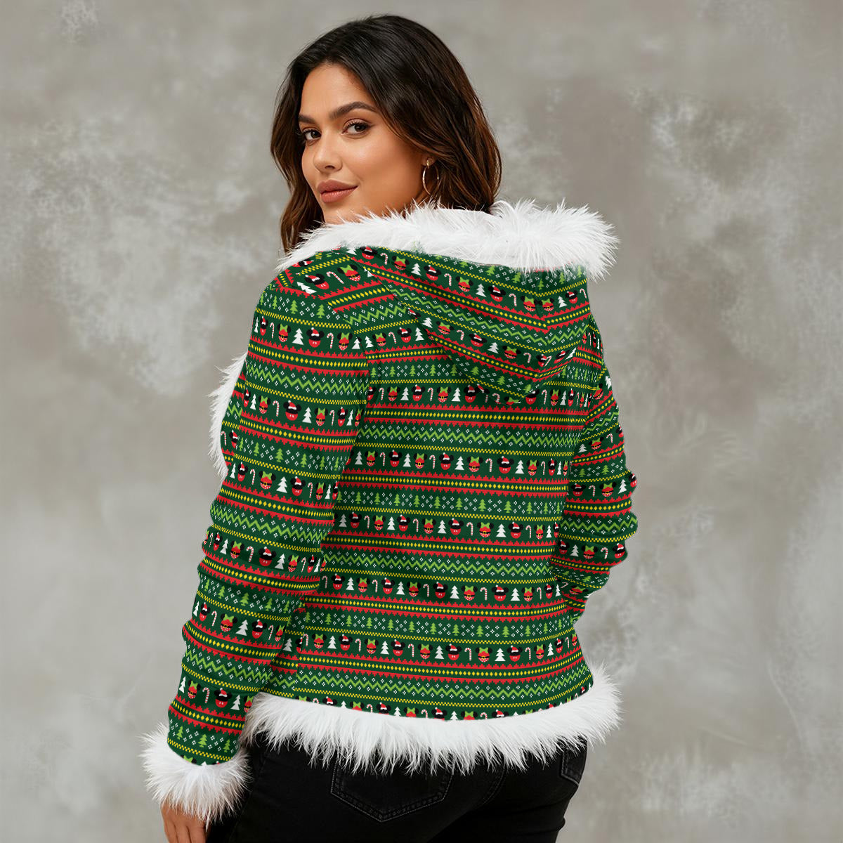 Christmas Sweater Women's Faux Fur Trim Hooded Jacket