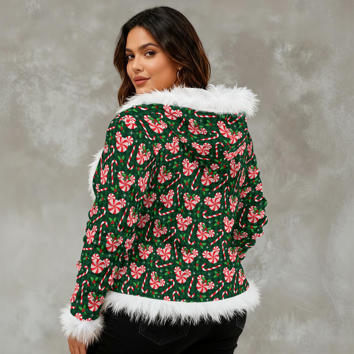 Christmas Peppermint Women's Faux Fur Trim Hooded Jacket