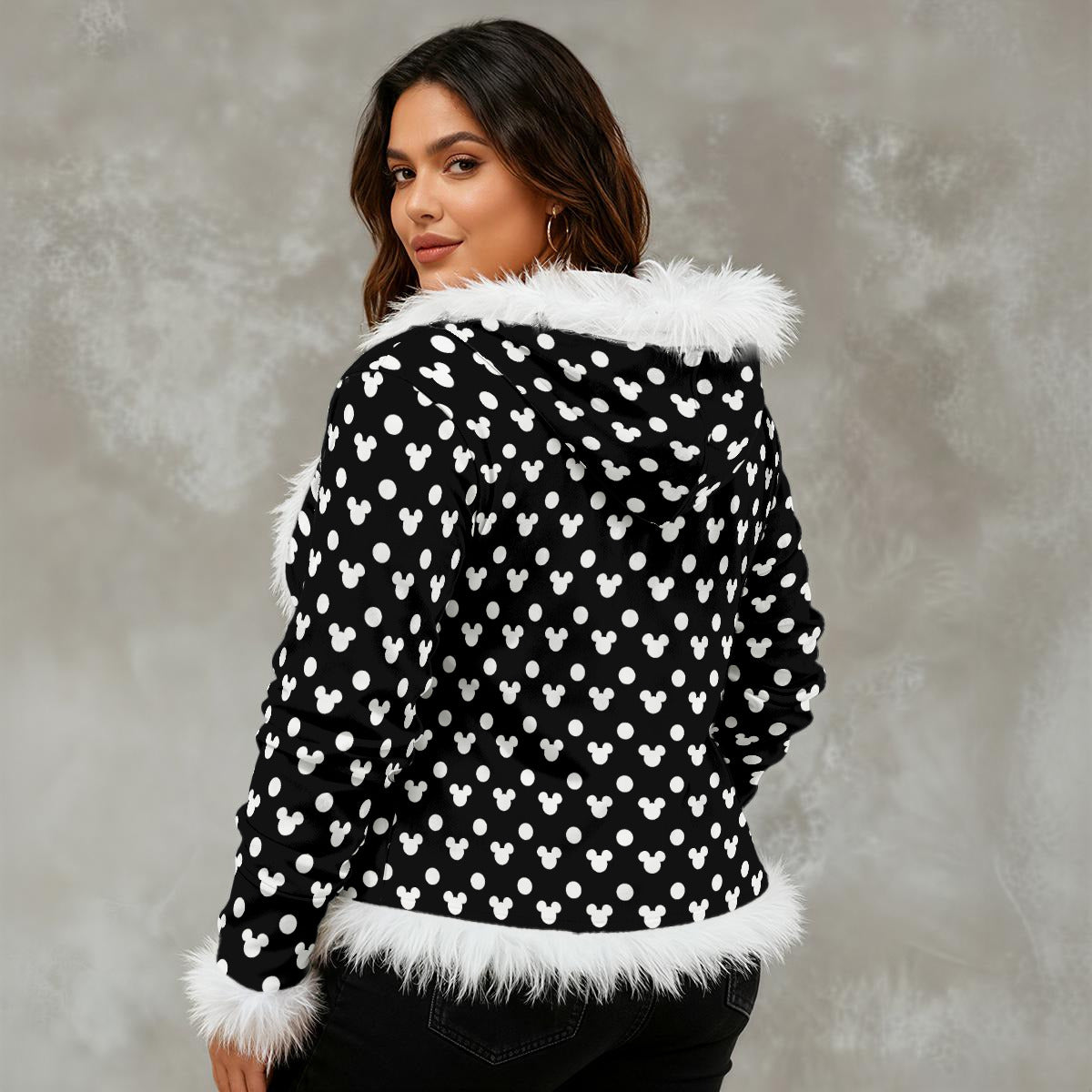 Black With White Polka Dots Women's Faux Fur Trim Hooded Jacket
