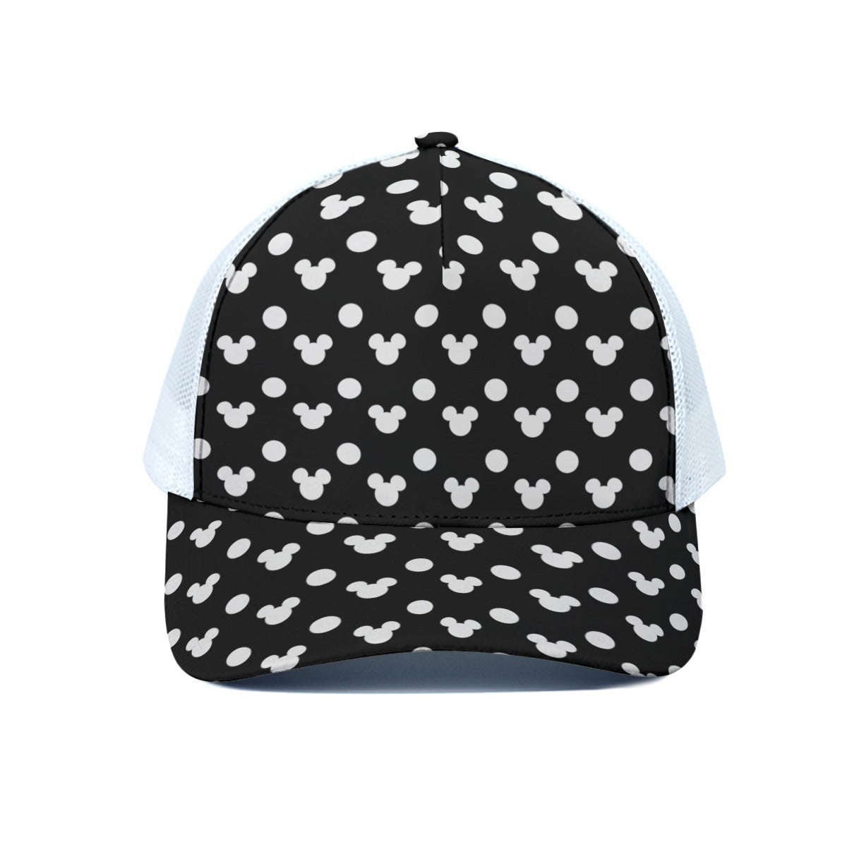 Black With White Mickey Polka Dots Unisex Trucker Hat With White Half Mesh