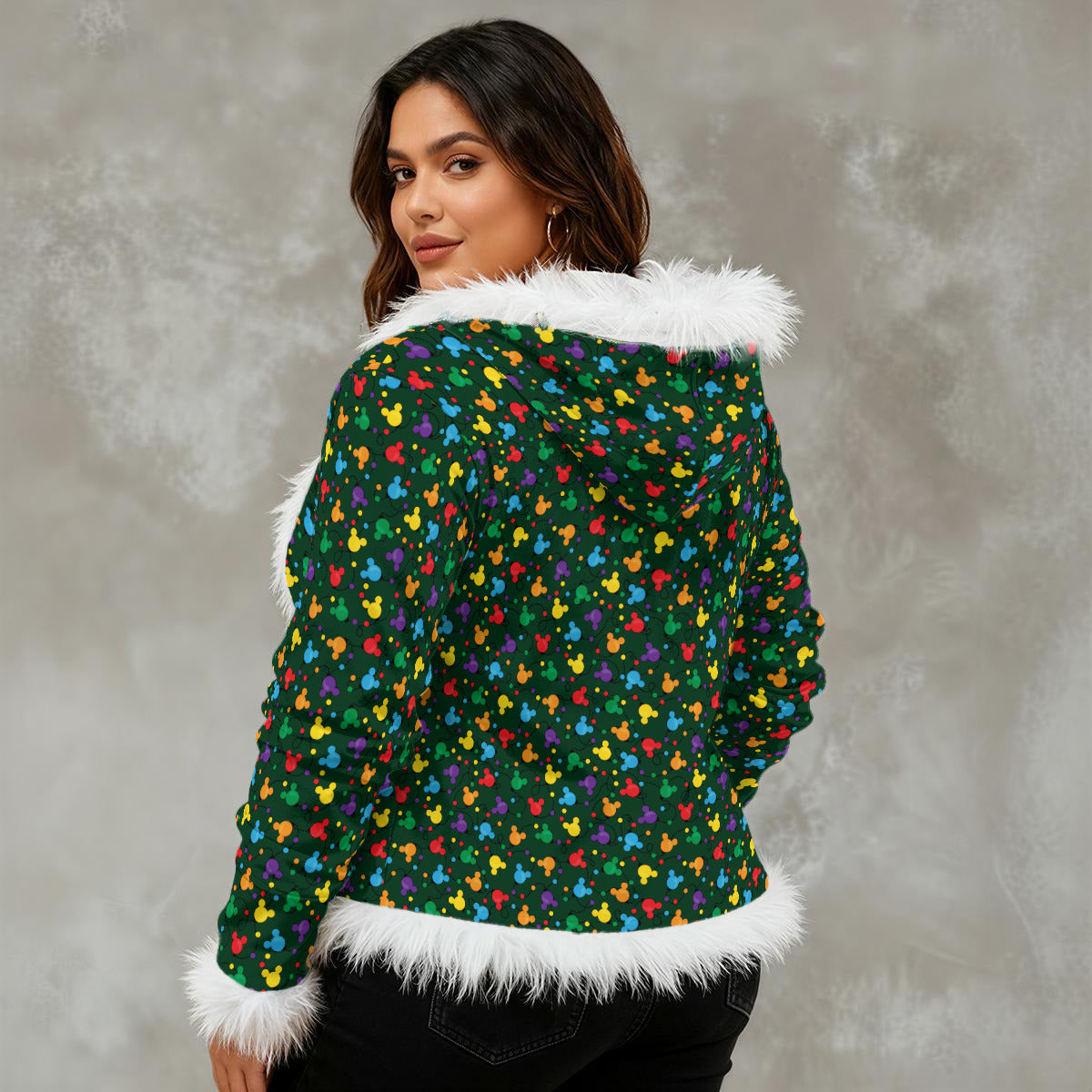 Christmas Lights Women's Faux Fur Trim Hooded Jacket