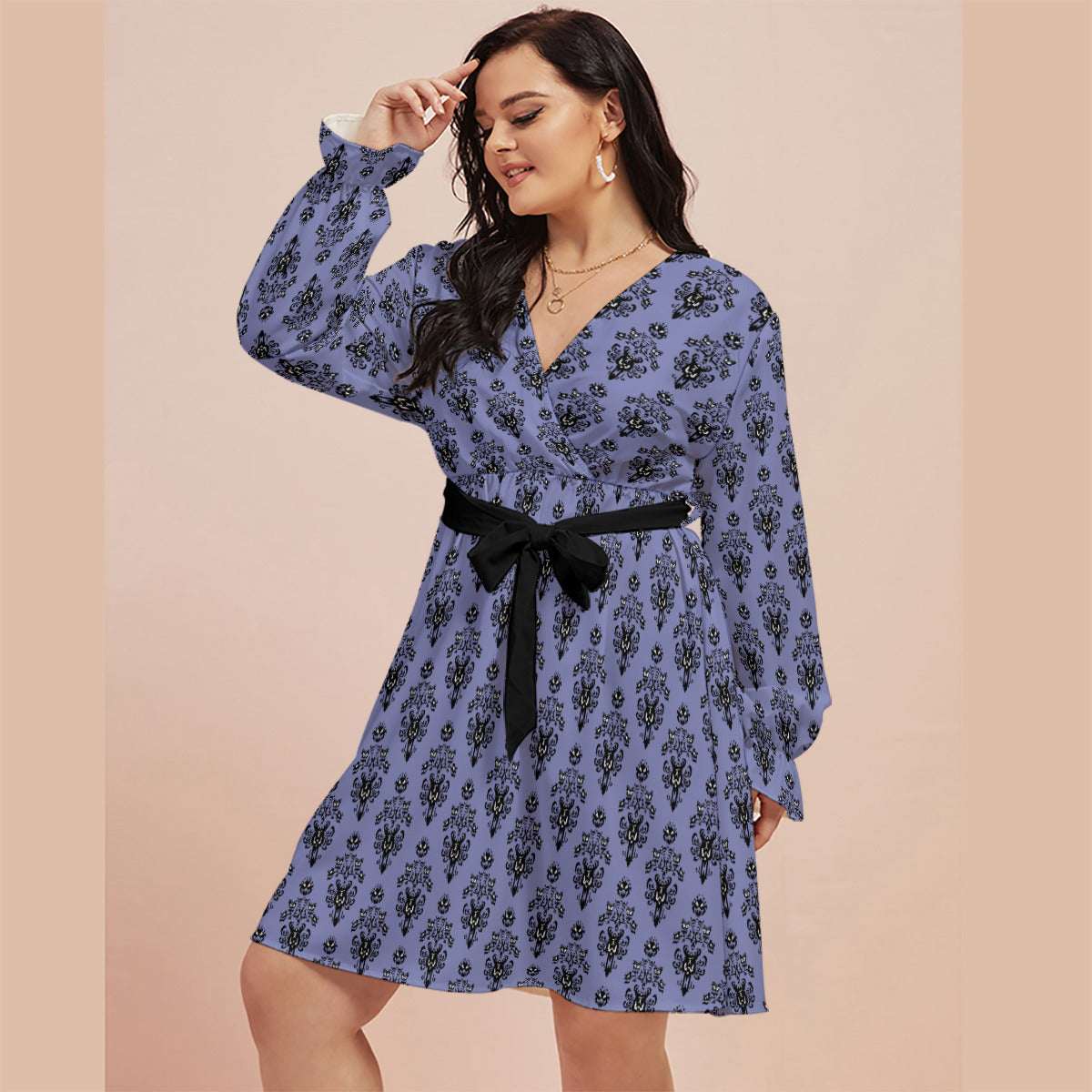 Haunted Mansion Wallpaper Women's Plus Size V-neck Dress With Waistban – Ambrie