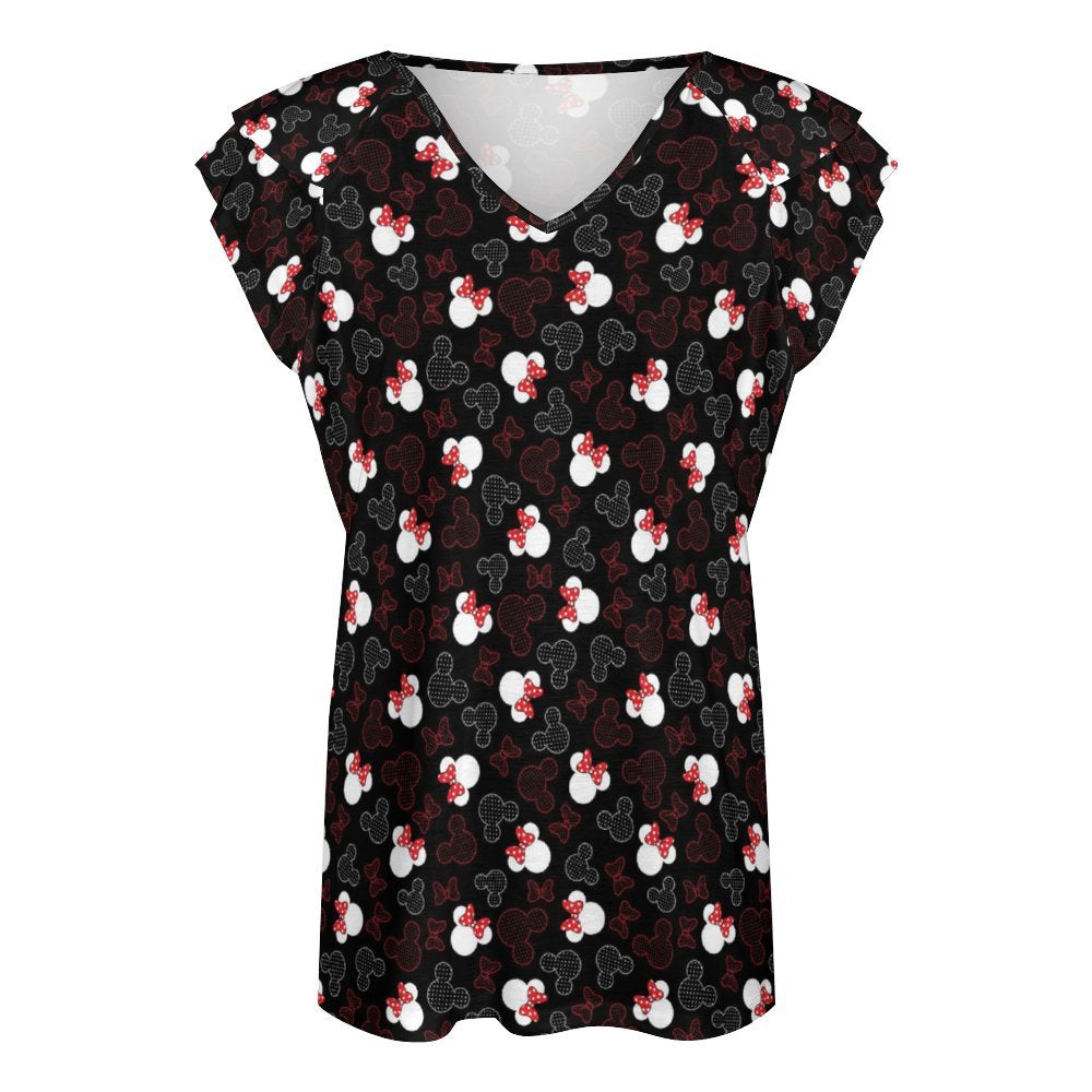 Mickey And Minnie Waffles Women's Ruffle Sleeve V-Neck T-Shirt