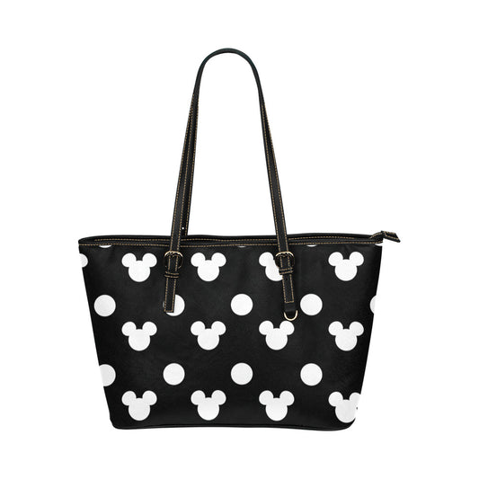 Black With White Mickey Polka Dots Leather Tote Bag
