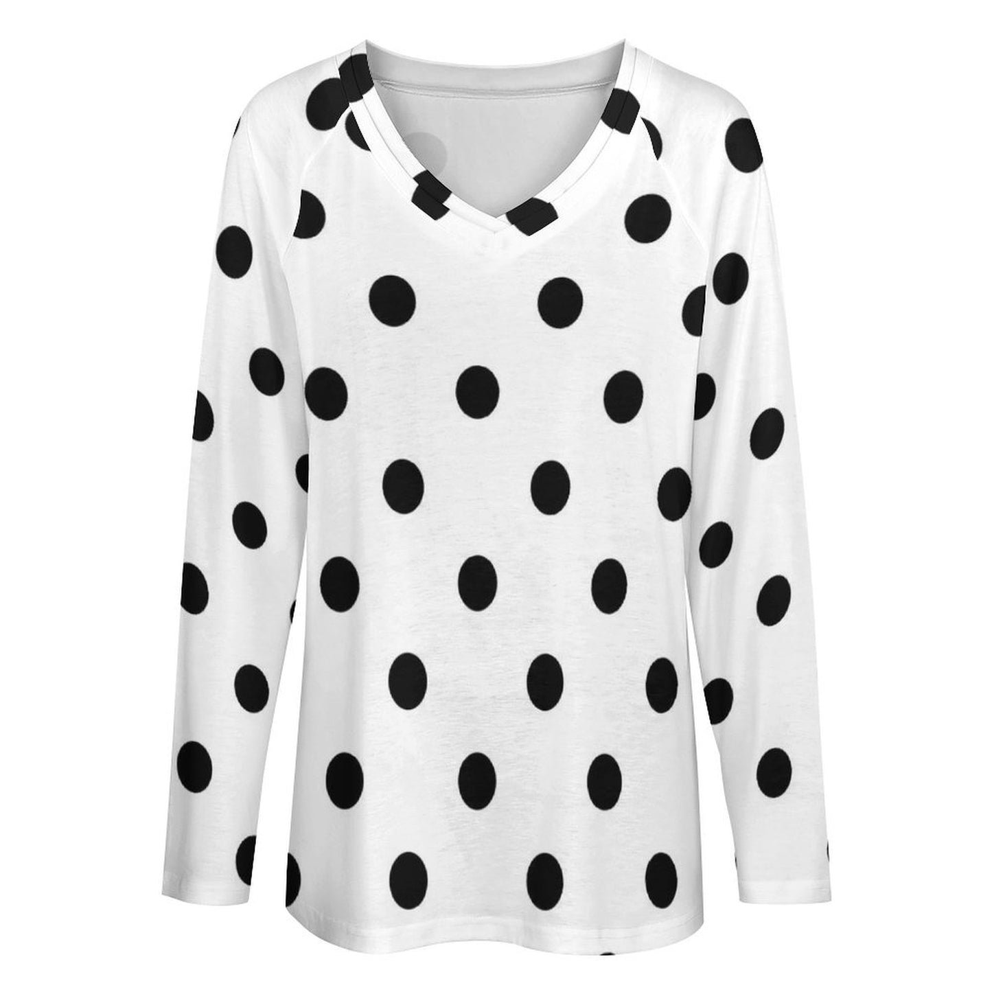 White With Black Polka Dots Long Sleeve Loose V-Neck Tee