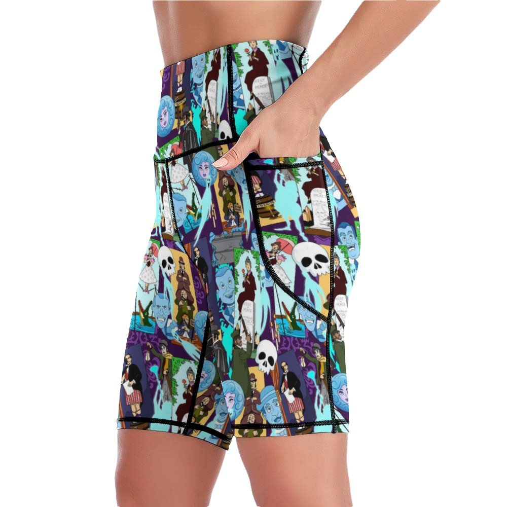 Haunted Mansion Favorites Women's Knee Length Athletic Yoga Shorts With Pockets