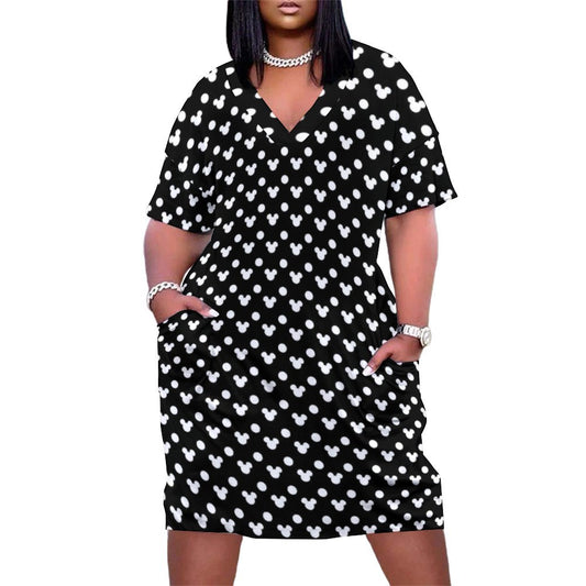 Black With White Mickey Polka Dots Women's V-neck Loose Dress With Pockets