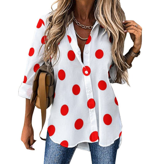 White With Red Polka Dots Long Sleeve Button Up Blouse