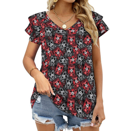 Steamboat Mickey And Minnie Cards Women's Ruffle Sleeve V-Neck T-Shirt
