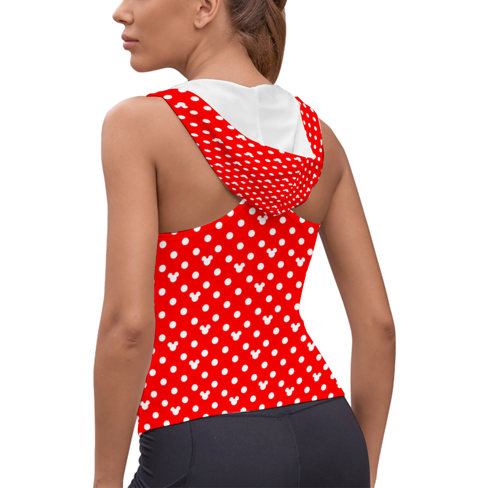 Red With White Mickey Polka Dots Women's Athletic V-Neck Sleeveless Hoodie Vest Tank Top