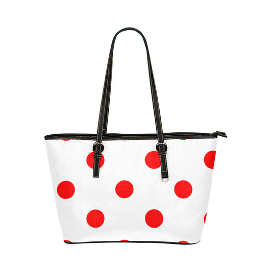 White With Red Polka Dots Leather Tote Bag