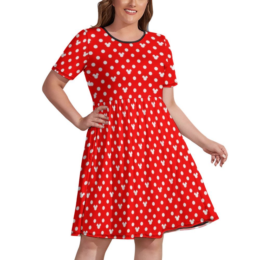 Red With White Mickey Polka Dots Women's Round Neck Plus Size Dress Wi –  Ambrie