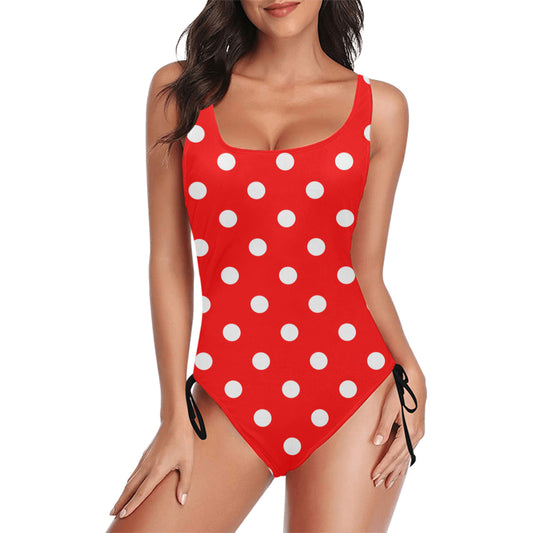 Red With White Polka Dots Drawstring Side Women's One-Piece Swimsuit