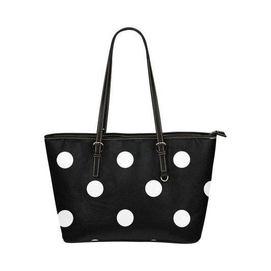 Black With White Polka Dots Leather Tote Bag