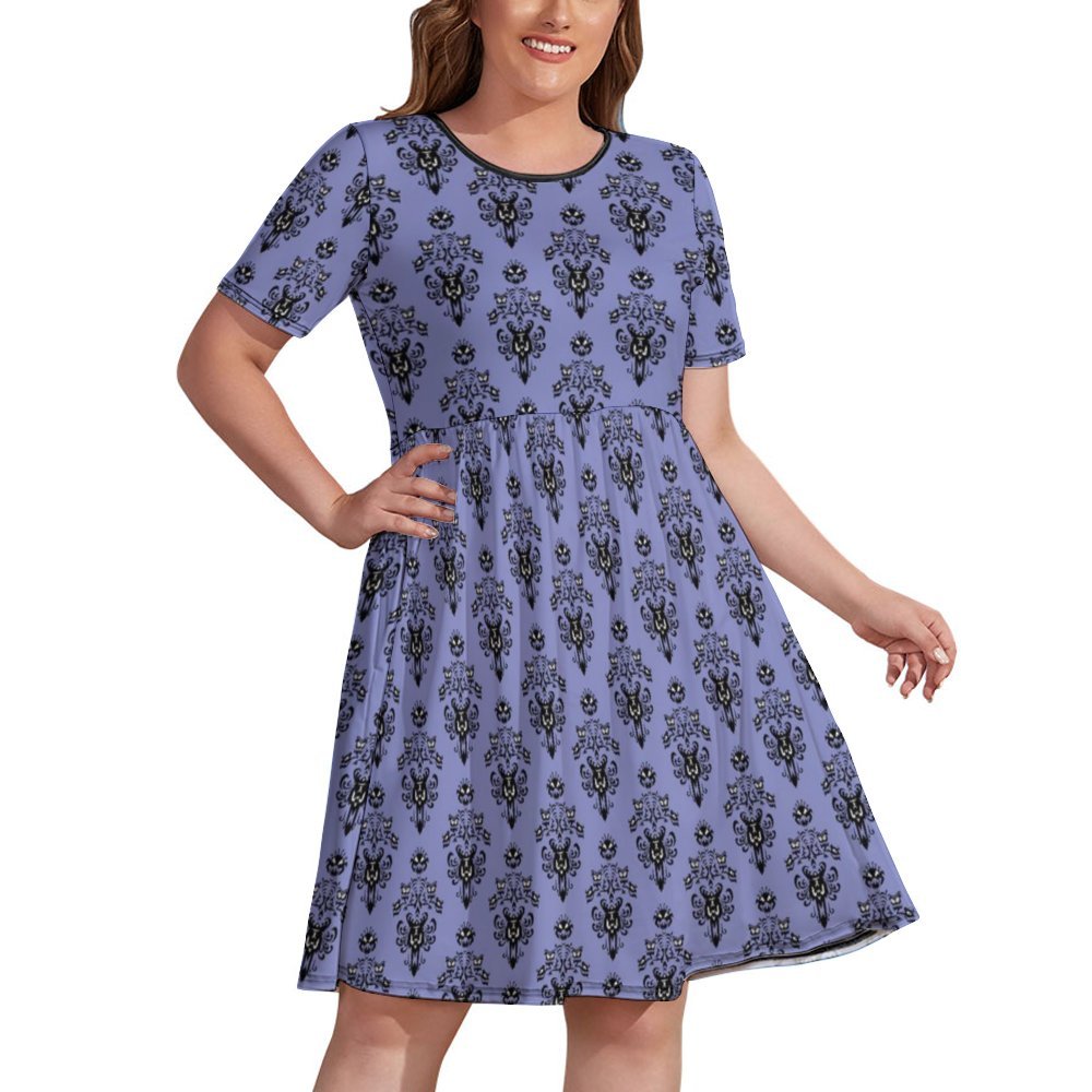 Haunted Mansion Wallpaper Women's Round Neck Plus Size Dress With Pock – Ambrie Haunted Mansion Wallpaper Women's Round Neck Plus Size Dress With Pock – Ambrie