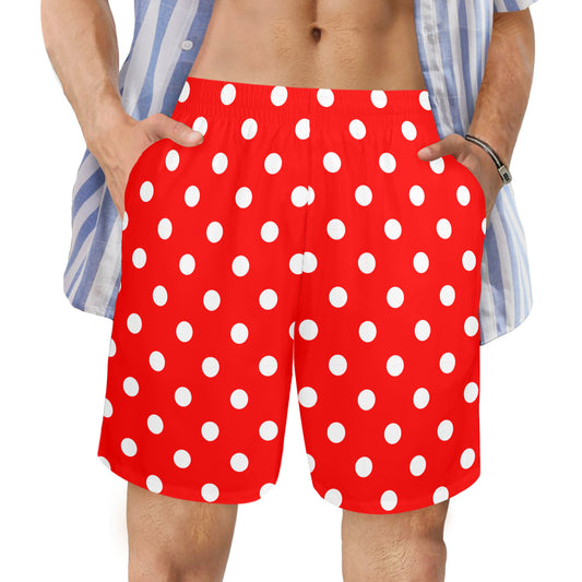 Red With White Polka Dots Men's Swim Trunks Swimsuit