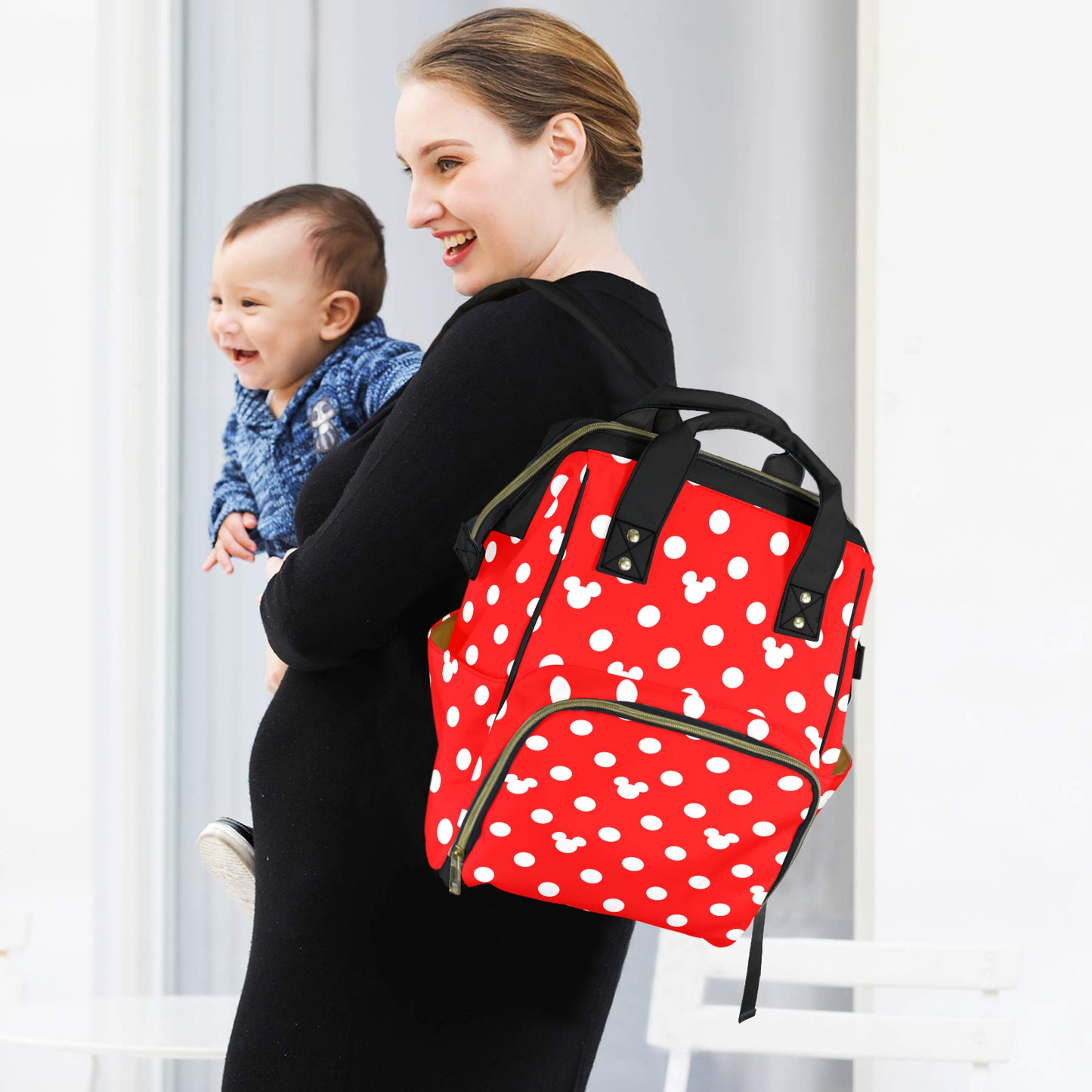 Red With White Mickey Polka Dots Multi-Function Diaper Bag