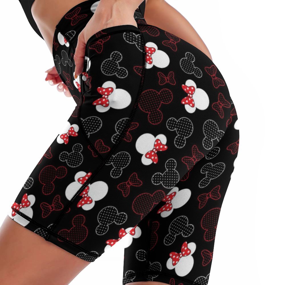 Mickey And Minnie Dots Women's Knee Length Athletic Yoga Shorts With Pockets