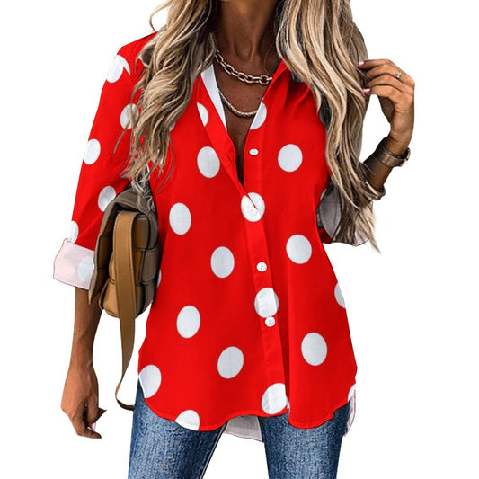 Red With White Polka Dots Long Sleeve Button Up Blouse