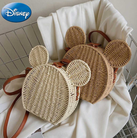 Mickey Rattan Travel Leisure Vacation Small Round Beach Mickey Shoulder Bag