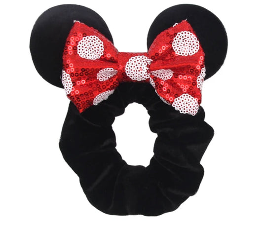 Black With Red And White Polka Dot Bow Scrunchie