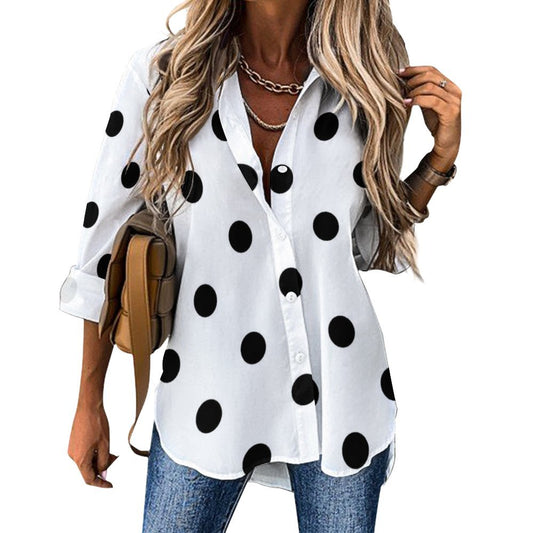 White With Black Polka Dots Long Sleeve Button Up Blouse