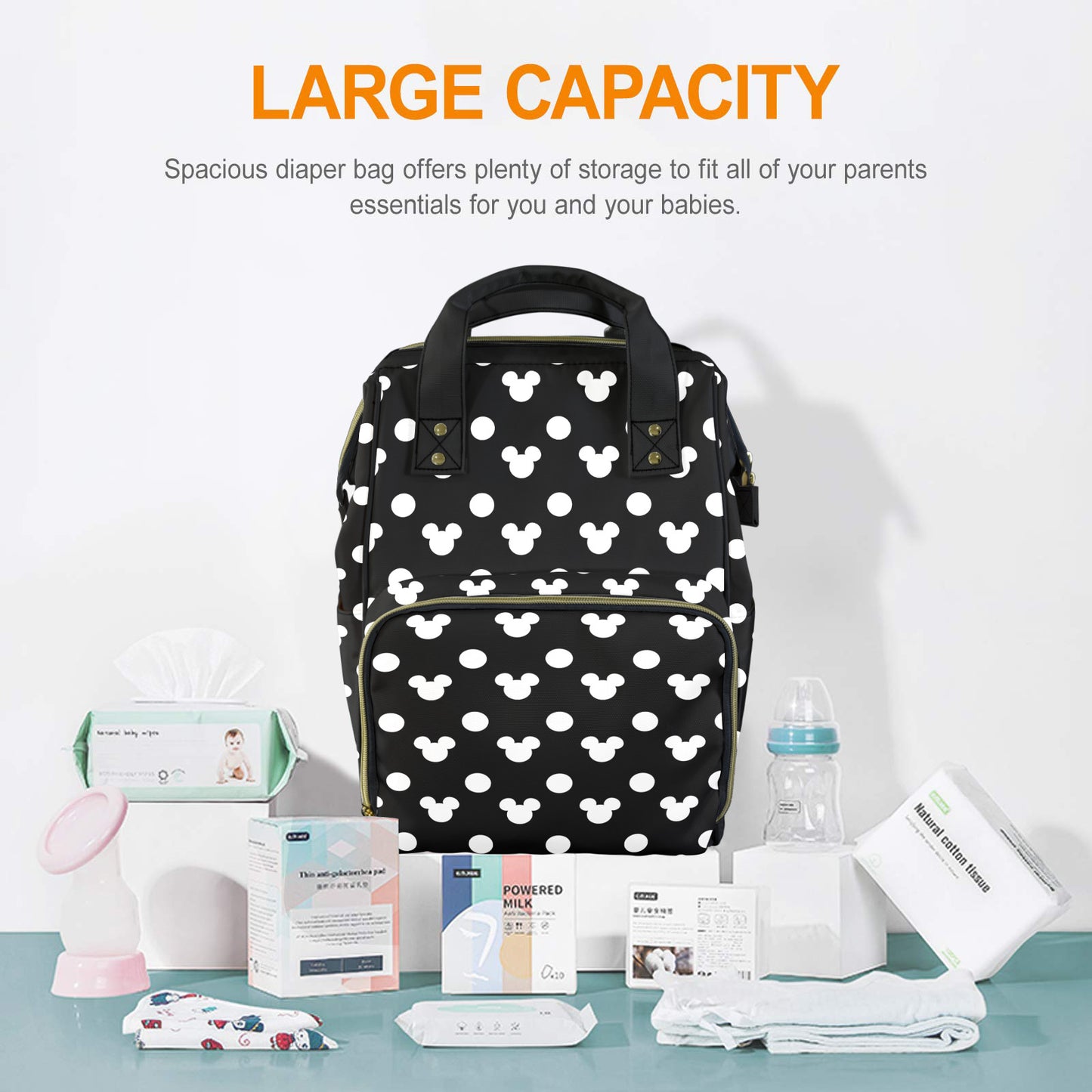 Black With White Mickey Polka Dots Multi-Function Diaper Bag