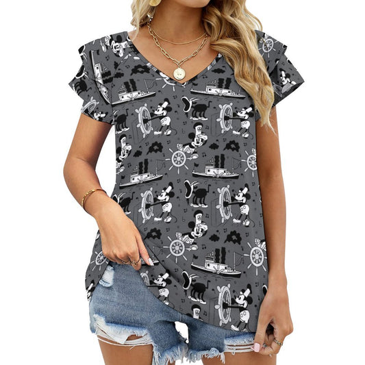 Steamboat Mickey Women's Ruffle Sleeve V-Neck T-Shirt