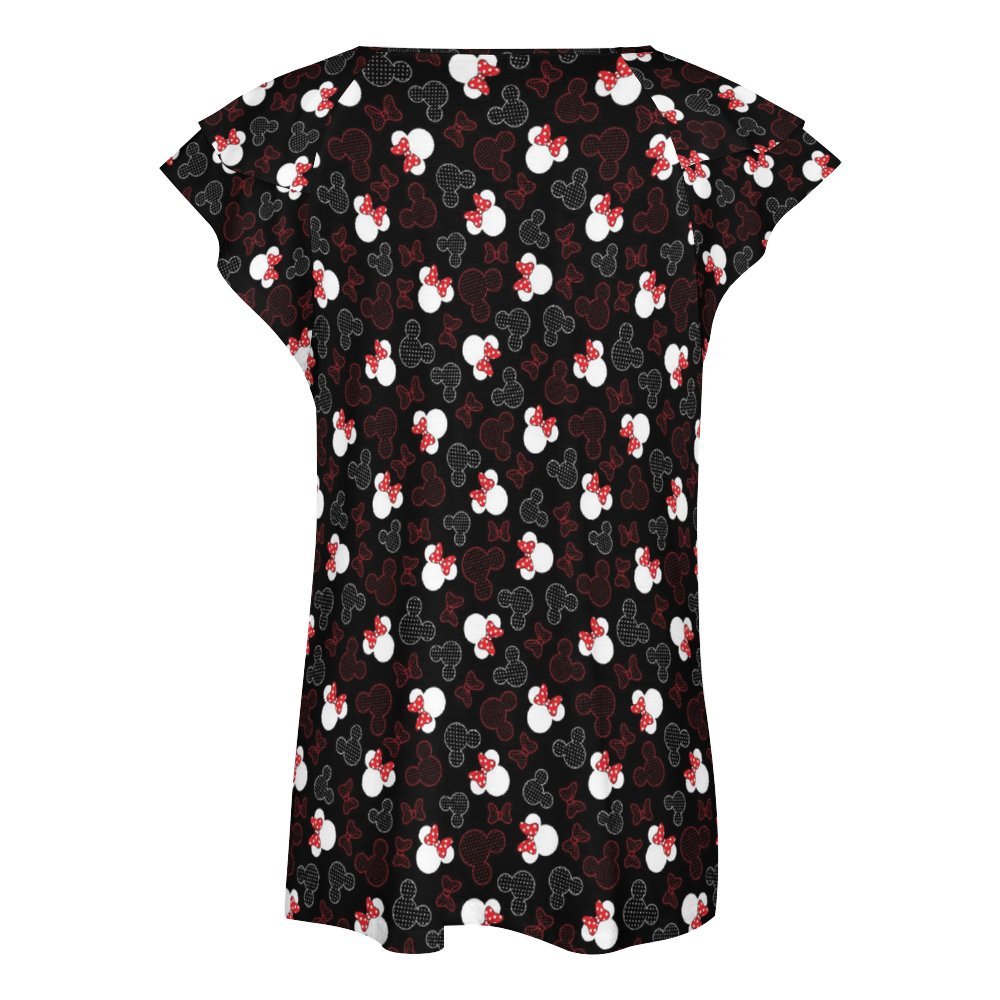 Mickey And Minnie Waffles Women's Ruffle Sleeve V-Neck T-Shirt