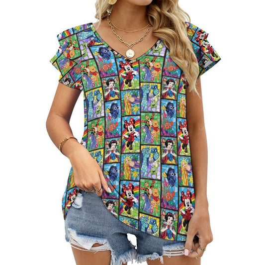 Stained Glass Characters Women's Ruffle Sleeve V-Neck T-Shirt