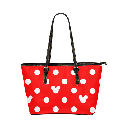 Red With White Mickey Polka Dots Leather Tote Bag