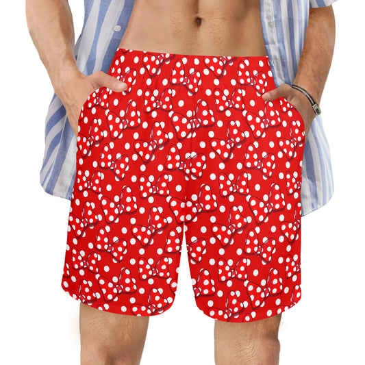 Red With White Polka Dot And Bows Men's Swim Trunks Swimsuit