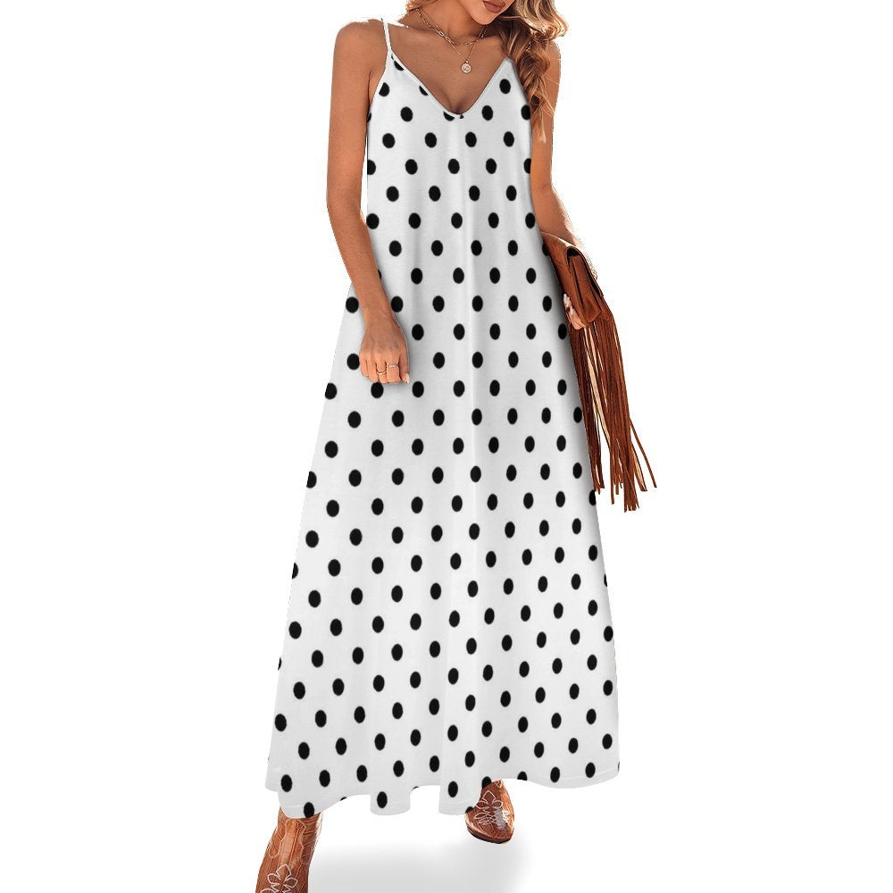White With Black Polka Dots Women's Summer Slip Long Dress Ambrie White With Black Polka Dots Women's Summer Slip Long Dress Ambrie
