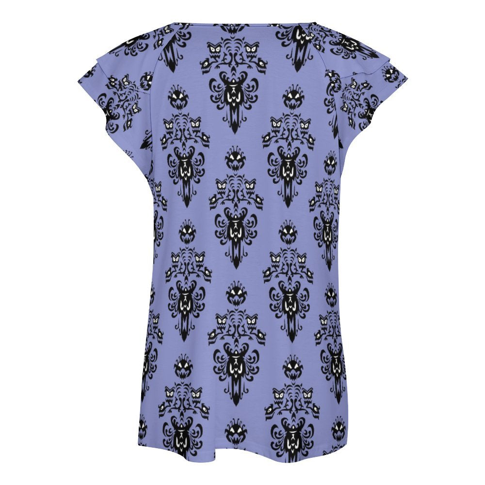 Haunted Mansion Wallpaper Women's Ruffle Sleeve V-Neck T-Shirt