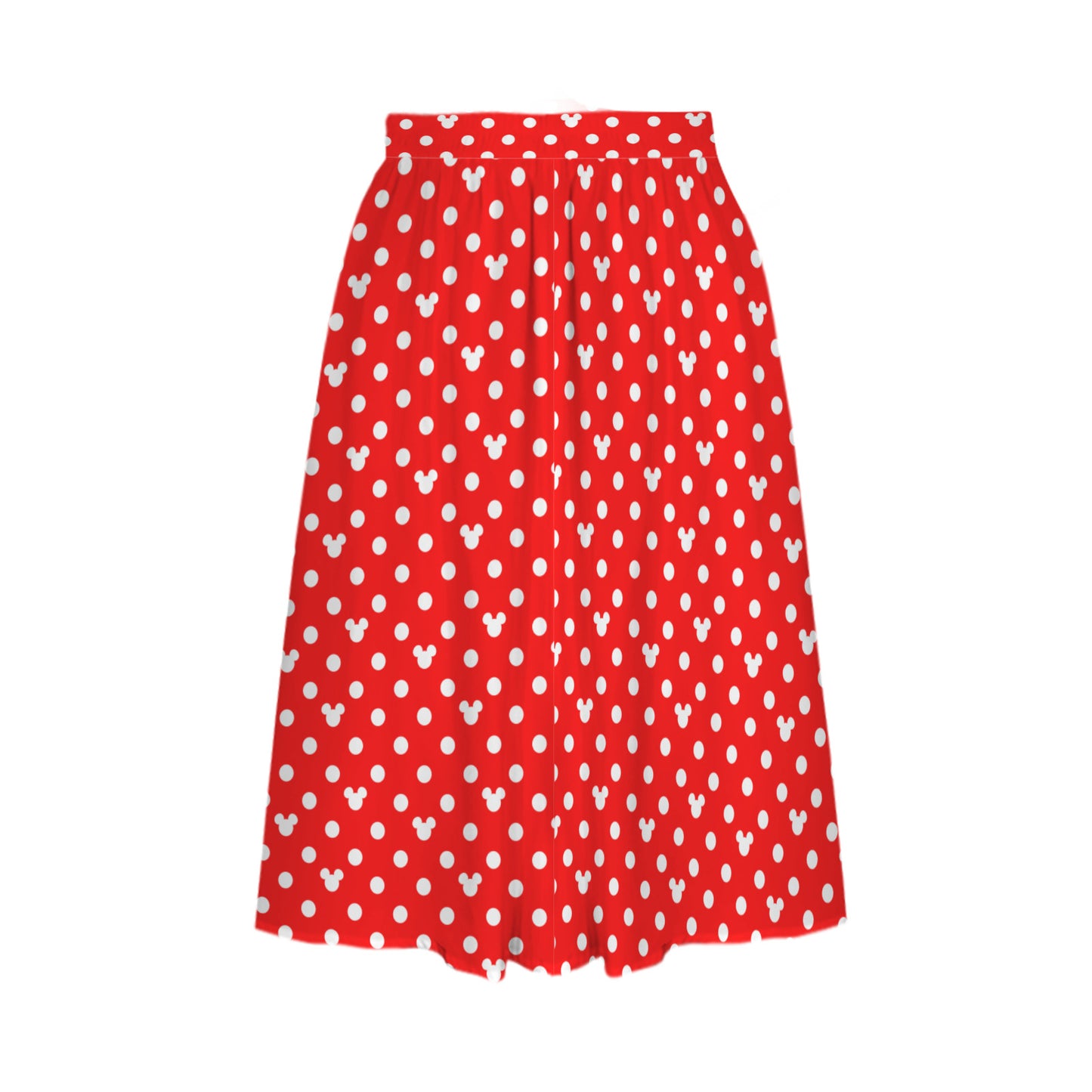 Red With White Mickey Polka Dots Elastic Waist Midi Skirt With Pockets
