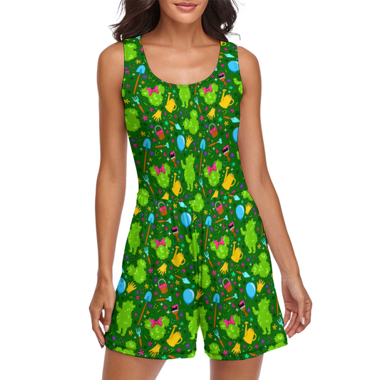 Flower And Garden Women's Sleeveless Jumpsuit Romper With Pockets