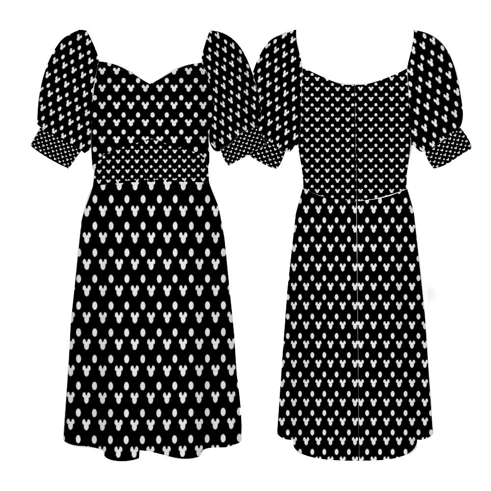 Black With White Mickey Polka Dots Women's Short Sleeve V-neck Knee-Length Dress