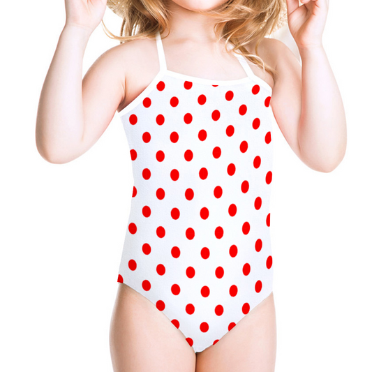 White With Red Polka Dots Girl's Halter One Piece Swimsuit