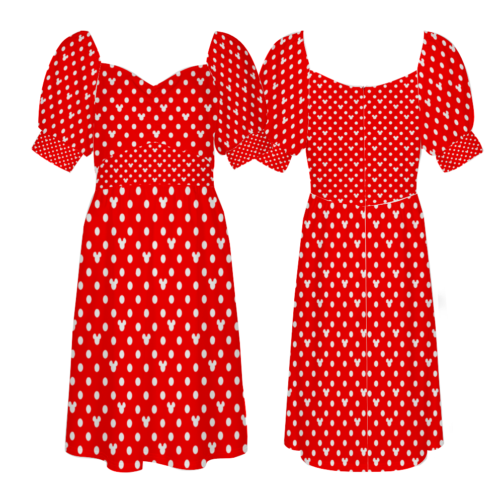 Red With White Mickey Polka Dots Women's Short Sleeve V-neck Knee-Length Dress