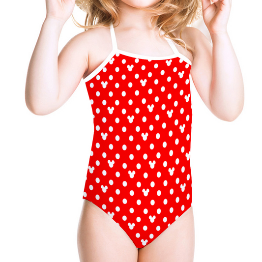 Red With White Mickey Polka Dots Girl's Halter One Piece Swimsuit
