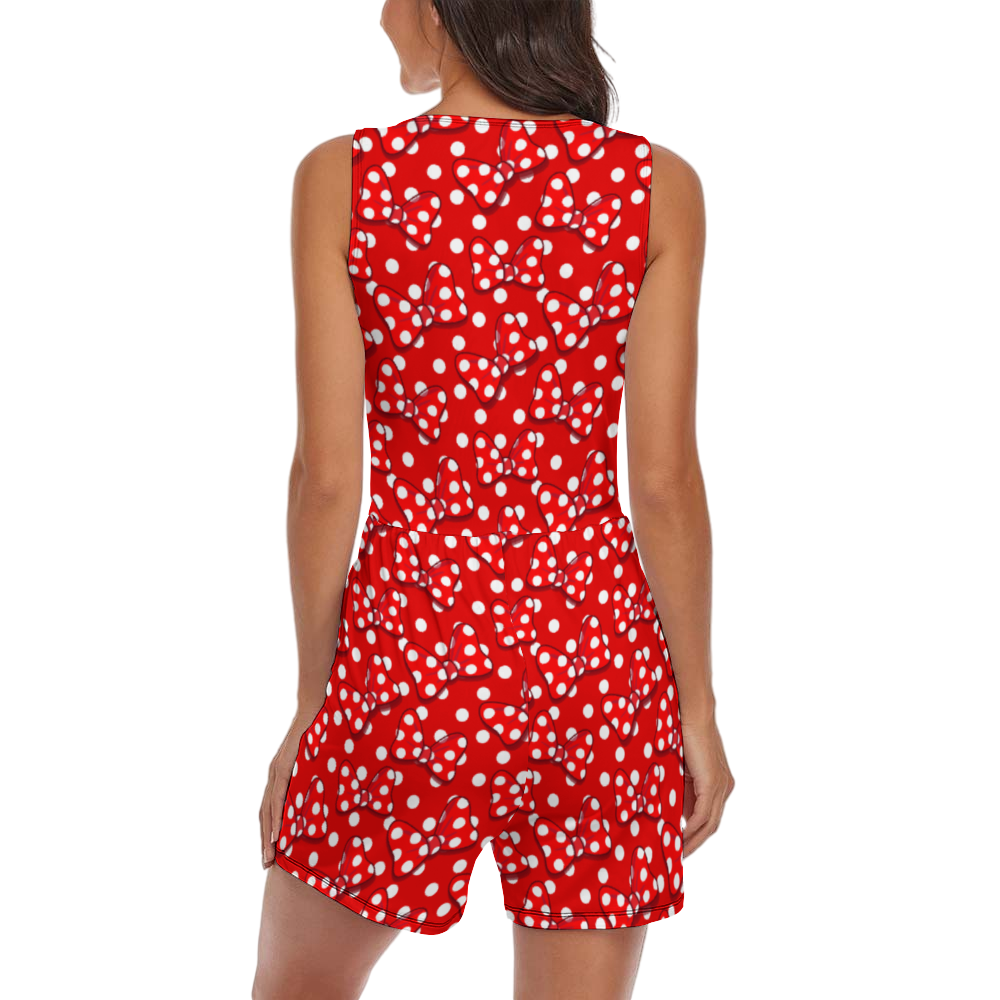 Red With White Polka Dot And Bows Women's Sleeveless Jumpsuit Romper With Pockets