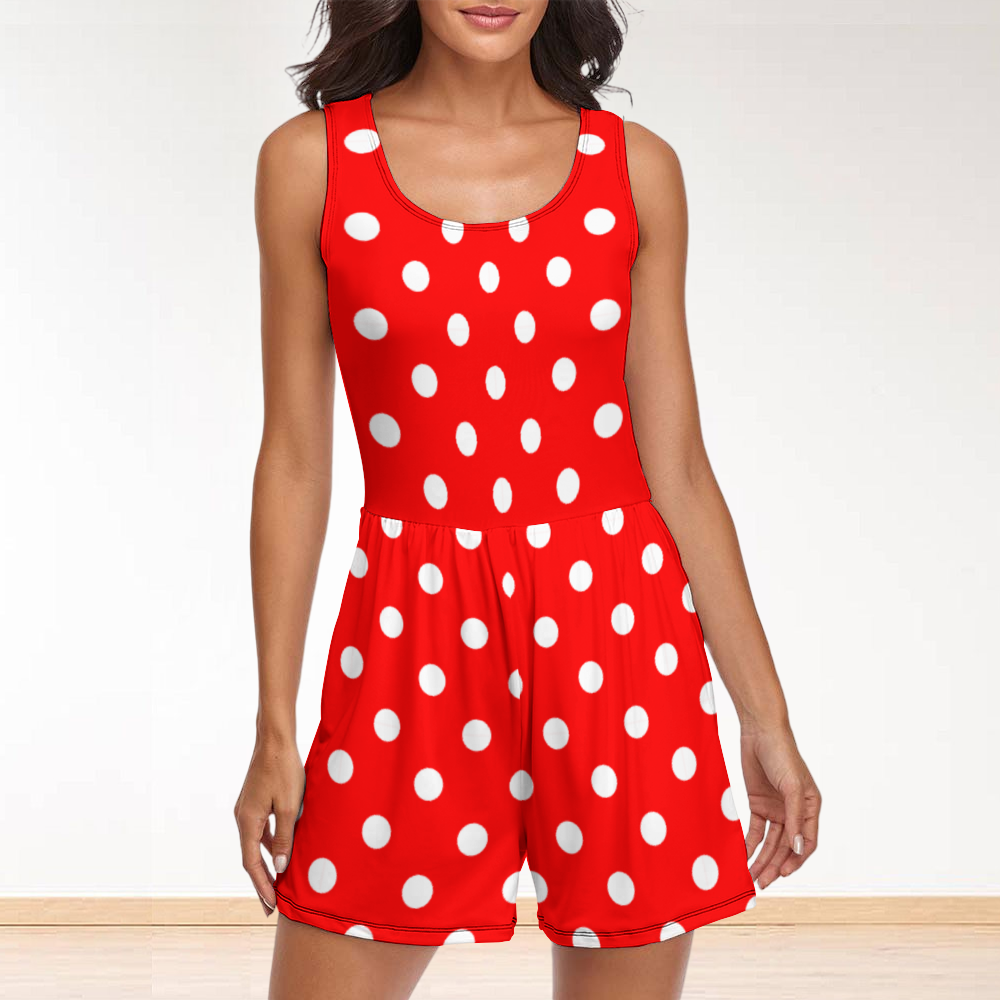 Red With White Polka Dots Women's Sleeveless Jumpsuit Romper With Pockets