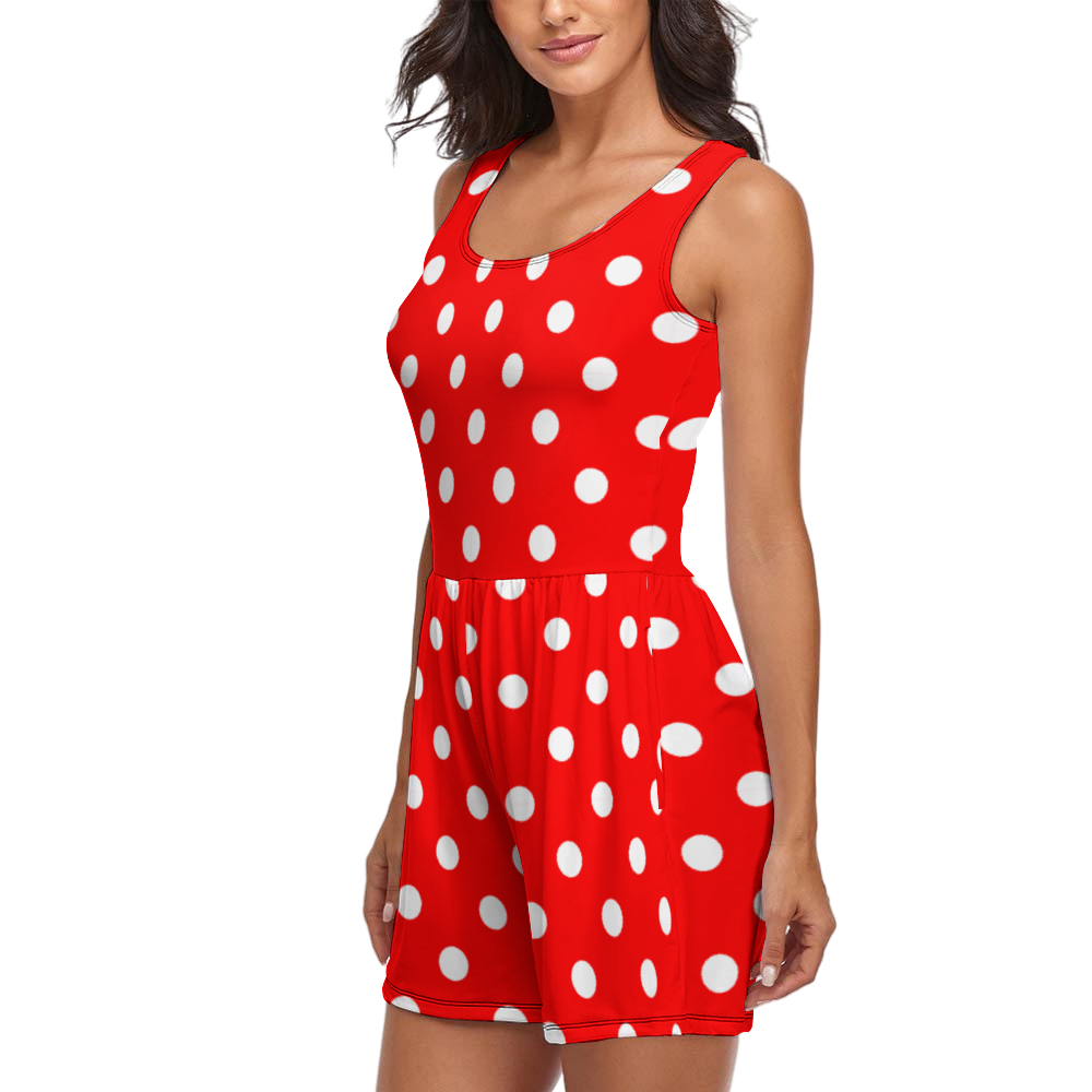 Red With White Polka Dots Women's Sleeveless Jumpsuit Romper With Pockets