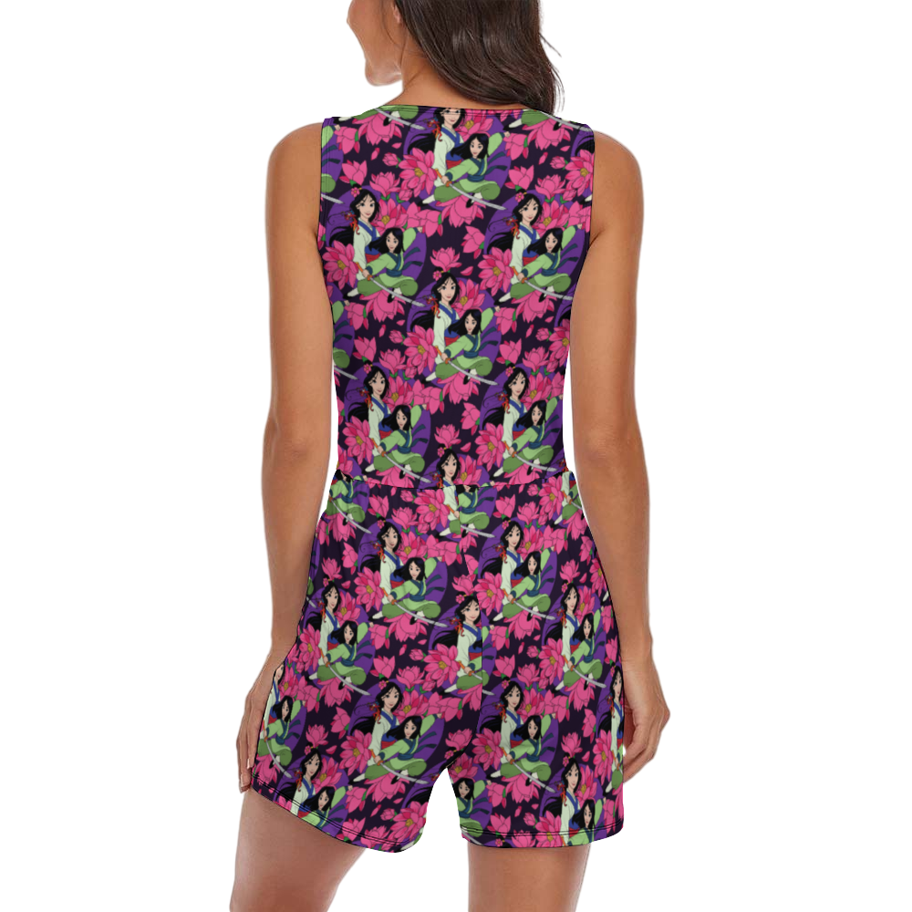 Blooming Flowers Women's Sleeveless Jumpsuit Romper With Pockets