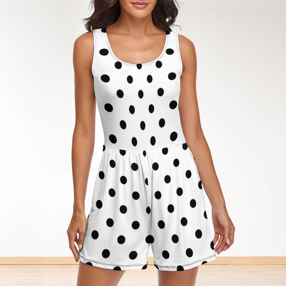 White With Black Polka Dots Women's Sleeveless Jumpsuit Romper With Pockets