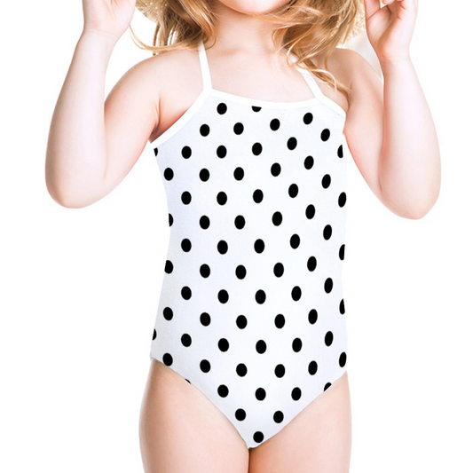 White With Black Polka Dots Girl's Halter One Piece Swimsuit