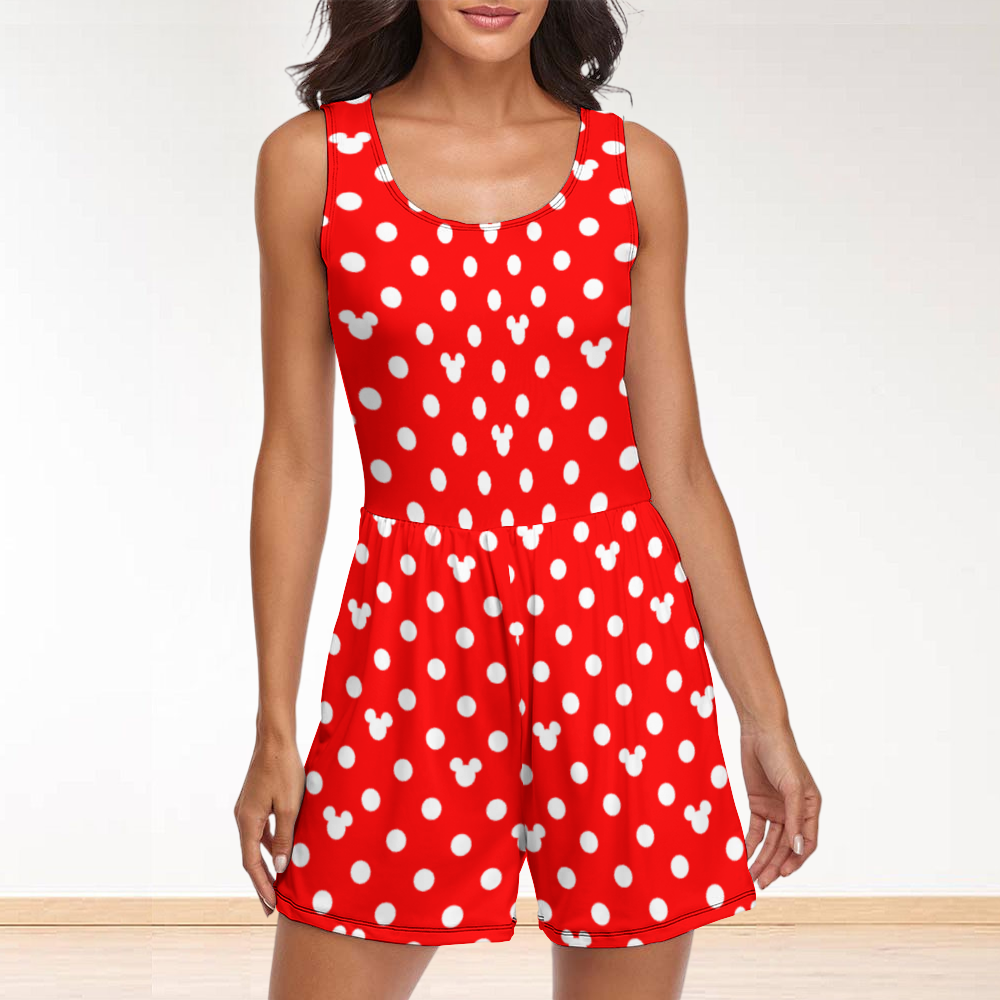 Red With White Mickey Polka Dots Women's Sleeveless Jumpsuit Romper With Pockets